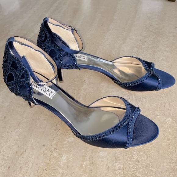 BADGELEY MISCHKA Women Elegant Blue Bejeweled Sandals, Kitten Heel, Ankle Strap - Picture 1 of 17